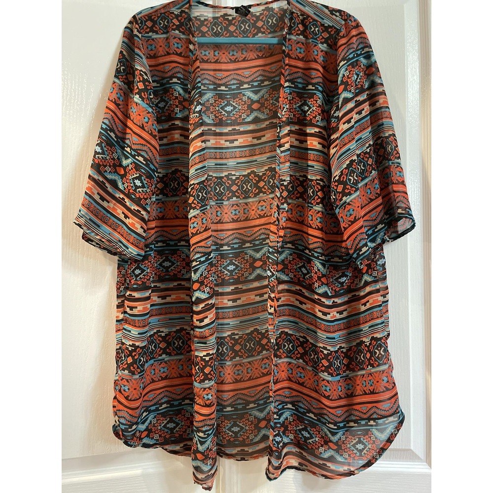 rue21 Kimono Cardigan Womens XL Multicolor Sheer Open‎ Front Boho Aztec Print